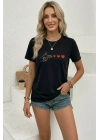 Minimal Kalp İşaret Baskılı Tişört Kısa Kol Yazlık T-Shirt - Siyah