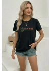 Minimal Kalp İşaret Baskılı Tişört Kısa Kol Yazlık T-Shirt - Siyah