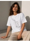 Minimal Kedi Çizim Baskılı Tişört Kısa Kol Yazlık T-Shirt - Beyaz
