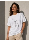 Minimal Kedi Çizim Baskılı Tişört Kısa Kol Yazlık T-Shirt - Beyaz
