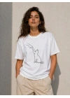 Minimal Kedi Çizim Baskılı Tişört Kısa Kol Yazlık T-Shirt - Beyaz