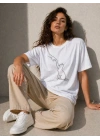 Minimal Kedi Çizim Baskılı Tişört Kısa Kol Yazlık T-Shirt - Beyaz