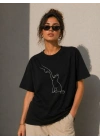 Minimal Kedi Çizim Baskılı Tişört Kısa Kol Yazlık T-Shirt - Siyah