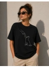 Minimal Kedi Çizim Baskılı Tişört Kısa Kol Yazlık T-Shirt - Siyah