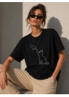 Minimal Kedi Çizim Baskılı Tişört Kısa Kol Yazlık T-Shirt - Siyah