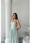 Mint Boyundan Bağlamalı Keten Elbise