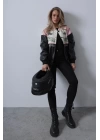 Motorcu Biker Ceket - Siyah-Pembe-Ekru
