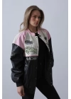 Motorcu Biker Ceket - Siyah-Pembe-Ekru