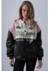 Motorcu Biker Ceket - Siyah-Pembe-Ekru