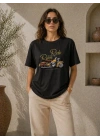 Motosiklet Baskılı Tişört Bisiklet Yaka Kısa Kol Yazlık T-Shirt - Siyah