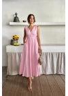MÜSLİN ELBİSE OMUZ BÜZGÜ DETAYLI V YAKA KOLSUZ ELBİSE - Pembe