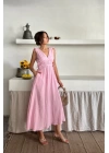 MÜSLİN ELBİSE OMUZ BÜZGÜ DETAYLI V YAKA KOLSUZ ELBİSE - Pembe