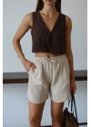 Müslin kumaş şort bağcıklı bej pt