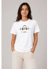 Müzik Temalı Baskılı Tişört Bisiklet Yaka Kısa Kol T-Shirt - Beyaz