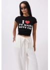Nakış Detay Baskılı Crop T-Shirt