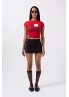 Nakış Detay Baskılı Crop T-Shirt