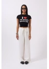 Nakış Detay Baskılı Crop T-Shirt
