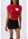 Nakış Detay Baskılı Crop T-Shirt