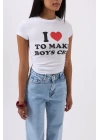 Nakış Detay Baskılı Crop T-Shirt