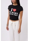 Nakış Detay Baskılı Crop T-Shirt