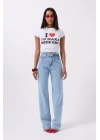 Nakış Detay Baskılı Crop T-Shirt