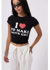 Nakış Detay Baskılı Crop T-Shirt