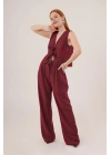 Ön Bağlama Detaylı Yelek Ve Pantolon Bordo İkili Takım
