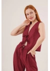 Ön Bağlama Detaylı Yelek Ve Pantolon Bordo İkili Takım