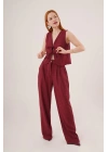 Ön Bağlama Detaylı Yelek Ve Pantolon Bordo İkili Takım