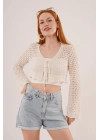 Ön Bağlamalı Ajurlu Crop Krem Hırka