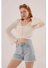 Ön Bağlamalı Ajurlu Crop Krem Hırka