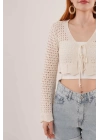 Ön Bağlamalı Ajurlu Crop Krem Hırka