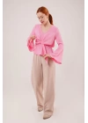 Ön Bağlamalı Volan Kol Pembe Bluz