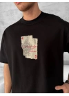 Ön Ve Arka Baskılı Oversize Bisiklet Yaka T-shirt - Siyah