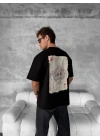 Ön Ve Arka Baskılı Oversize Bisiklet Yaka T-shirt - Siyah