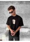 Ön Ve Arka Baskılı Oversize Bisiklet Yaka T-shirt - Siyah