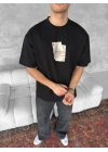 Ön Ve Arka Baskılı Oversize Bisiklet Yaka T-shirt - Siyah