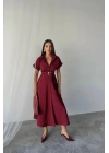 ÖNDEN DÜĞMELİ CRUSHLI MODAL ELBİSE - Bordo