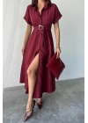 ÖNDEN DÜĞMELİ CRUSHLI MODAL ELBİSE - Bordo