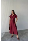 ÖNDEN DÜĞMELİ CRUSHLI MODAL ELBİSE - Bordo