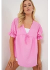 Önü Bağcıklı Kısa Kol Bluz 962 - Pembe
