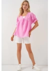 Önü Bağcıklı Kısa Kol Bluz 962 - Pembe