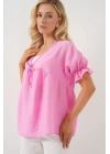 Önü Bağcıklı Kısa Kol Bluz 962 - Pembe