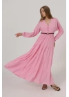 Önü Yarım Düğmeli Uzun Kol Kemerli Elbise - Pembe
