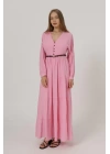 Önü Yarım Düğmeli Uzun Kol Kemerli Elbise - Pembe