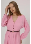 Önü Yarım Düğmeli Uzun Kol Kemerli Elbise - Pembe