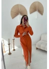 Oranj Boydan Düğmeli Deri Elbise