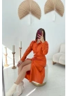 Oranj Boydan Düğmeli Deri Elbise