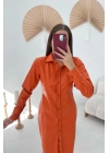 Oranj Boydan Düğmeli Deri Elbise