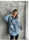 Organze Çiçek Tasarımlı Kot Gömlek